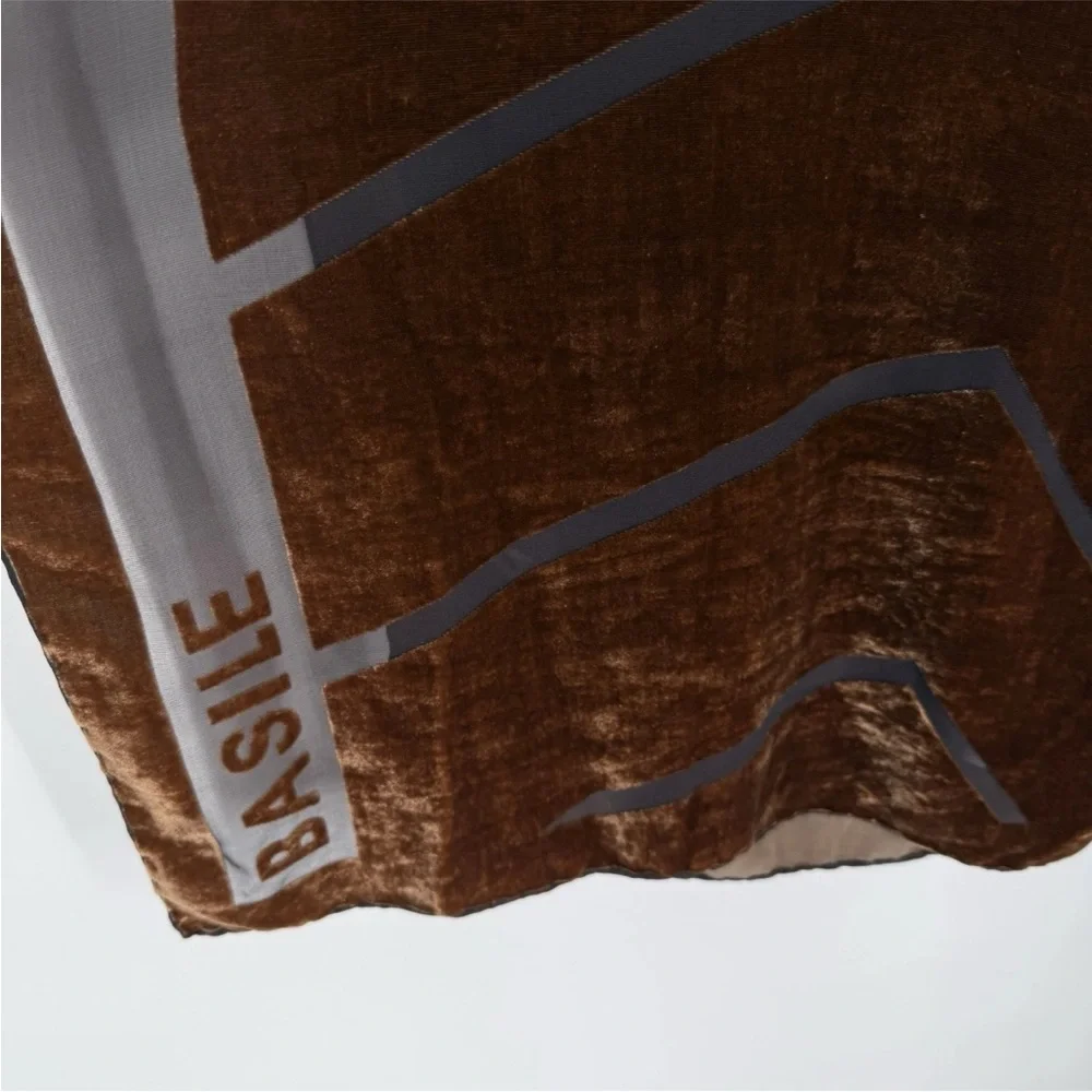 BASILE Scarf Silk Blend Velvet Burnout Brown Chevron Logo Wrap 17 x 60